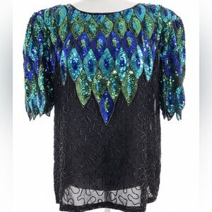 Sequin Embellished Black Top with Blue and Green Accents
